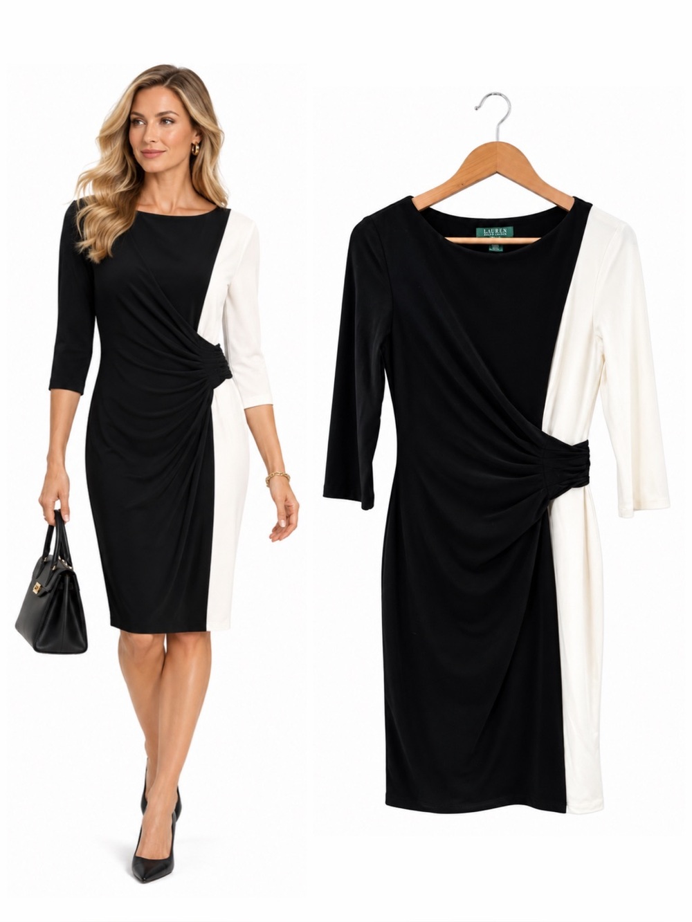 Lauren Ralph Lauren Dress 8 Black Ivory Colorblock Ruched Sheath Quiet Luxury